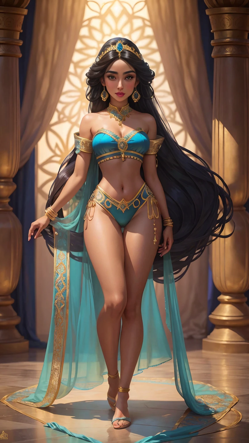 ((Full body photo, standing, feet on the floor))
(((1girl))), (((23years))), ((full body shot)), Jasmine , Arabian, bikini, diadem with blue gem, jewelry, bracelets on arms, anklets on legs, colorful silks, Arabian setting, flowers, looking at viewer, ((highly detailed)), (((masterpiece))) Hyacinth