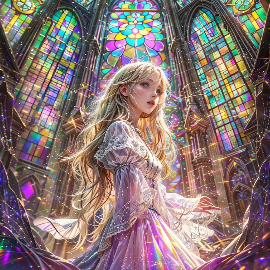 (Cathedral from below:1.28) (ZoomLayer) ((TopQuality 8K masterpiece of (Professional photo:1.37)), (((Clarisse de Cagliostro))) (Detailed White WeddingDresses), Chain, (((Extremely detailed KAWAII face))) {((VeiledFace))|BlondeHair|(Elaborate BuleEyes)with(SparklingHighlights:1.28)}, The background is distant (((Elaborate stained glass))) Rainbow Glass, {(MysticSight)|EnchantingAtmosphere|Haze|(GodRays)|TyndallEffect}, Radiant PearlSkin with Transparency, (Exposed:0.64)