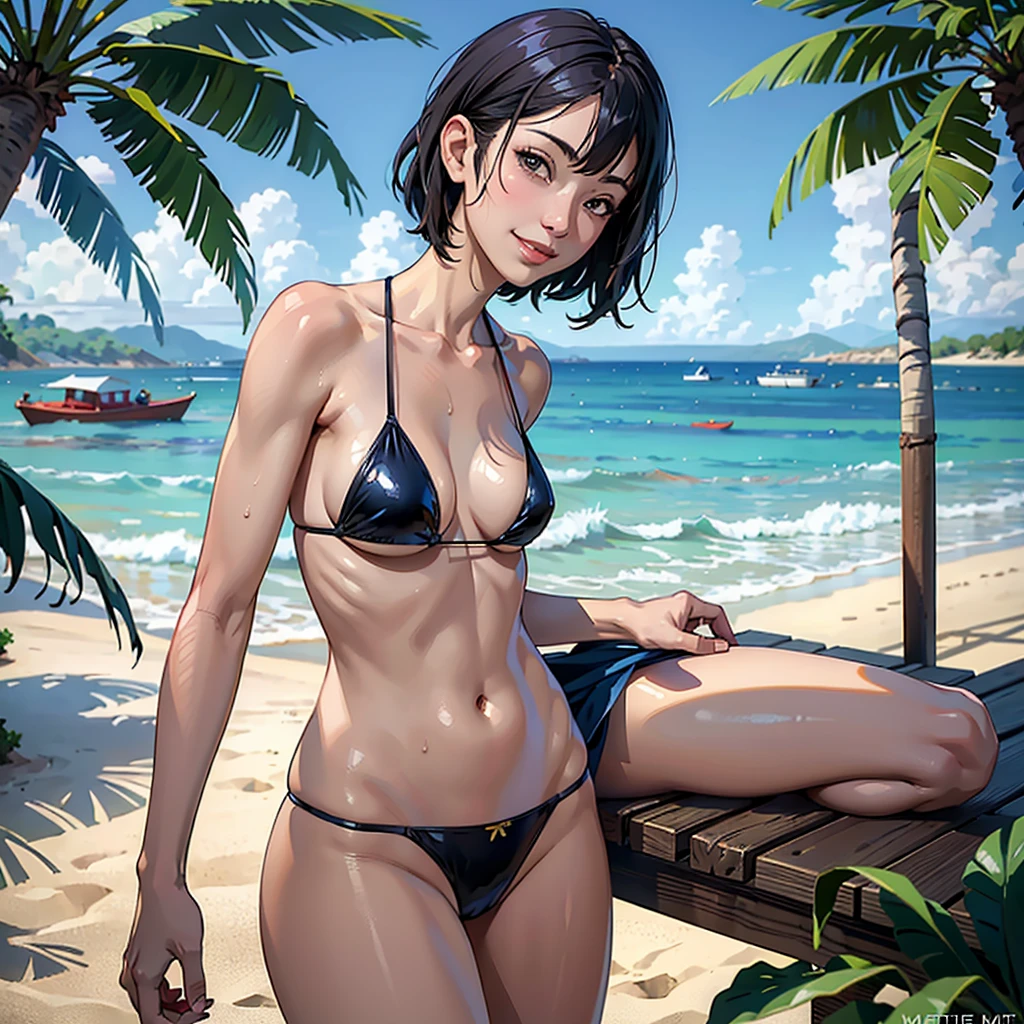 ((highest quality, masterpiece, High resolution)), ((reality)),Photos of beautiful Japanese women,((anime art))、 (((1 girl))), normal size ???????, slim body shape,  medium short hair, double eyelid, Wet see-through micro ??????,  A pareo with bold ethnic patterns and plenty of primary colors、realistic skin、Wet,whole body,cinematic light、tropical、Against the background of palm trees on both sides、on a sunny beach、With the sea in the background、blur background、smile