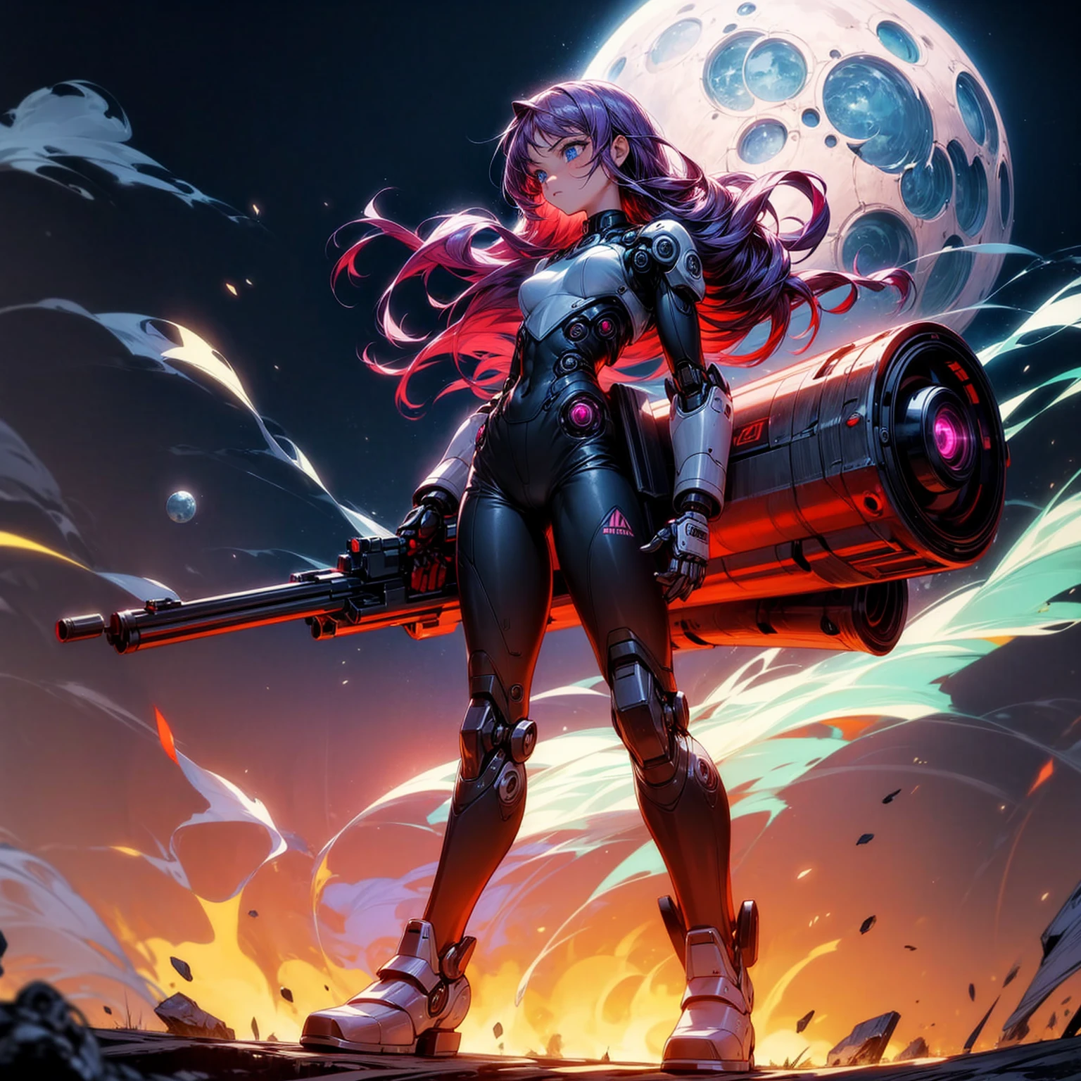Ultra detailed, full background, Full body version, Grassroots, background in field, (solo, girl, cyborg, blue eyes, sad eyes, magenta color hair, long hair, pants, Boots), standing gesture, hand turns into a shotgun, low angle view, full body robotic, smoke effect, fire effect, lighting on shotgun, Red laser, largest robotic shotgun, moon, Moonlight, The whole body is fully robotic