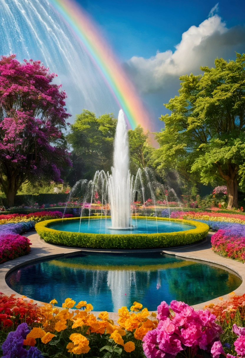 (beautiful enchanted garden, colorful many flower), (Large fountain, beautiful water with double exposure rainbow), BREAK, perfect anatomy, masterpiece, best quality, 16k, beautiful detailed grow, daydreaming expression.