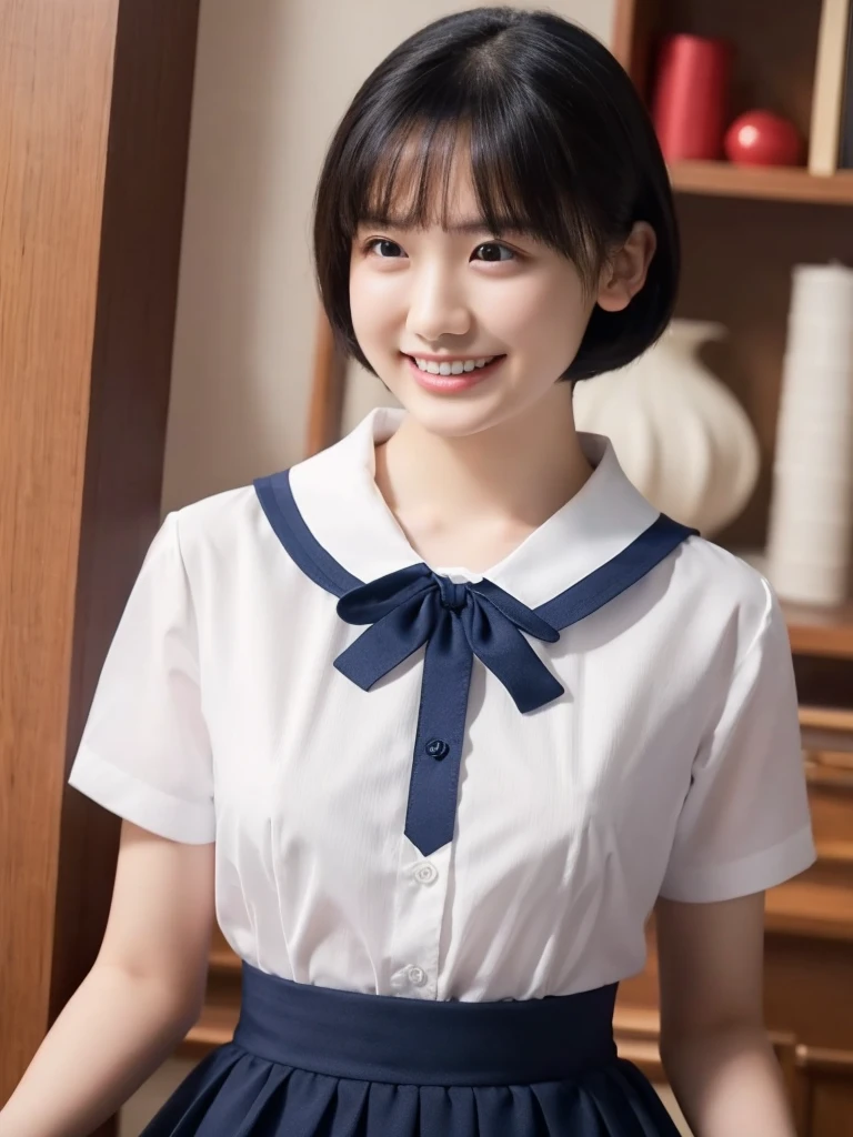 Highest quality、masterpiece、8k、Very detailed、Realistic、One girl、Looking at me with a smile、Black Hair、Short Hair、Small face、Slender、Big Breasts、Thin and beautiful legs、narrow and constricted waist,、Young face、A tight-fitting short-sleeved white shirt with buttons and a collar、Short navy blue pleated skirt、Red ribbon on chest