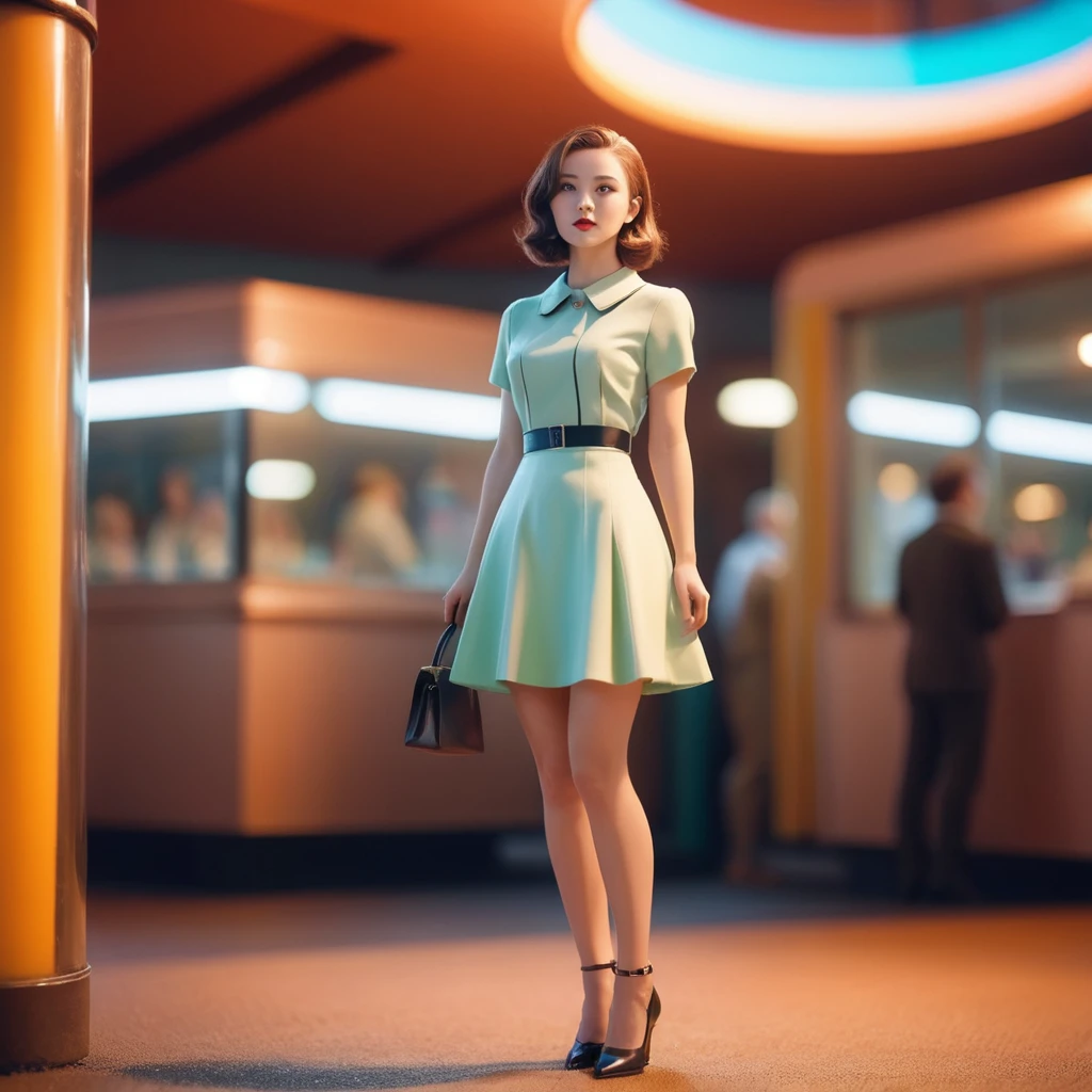 girl,fullbody, Unity Engine, surreal, Conversational small Atomic Age Female, background is [Glasgow|Dune], tilt shift, Cel shading, Light, Vivid Colors, K