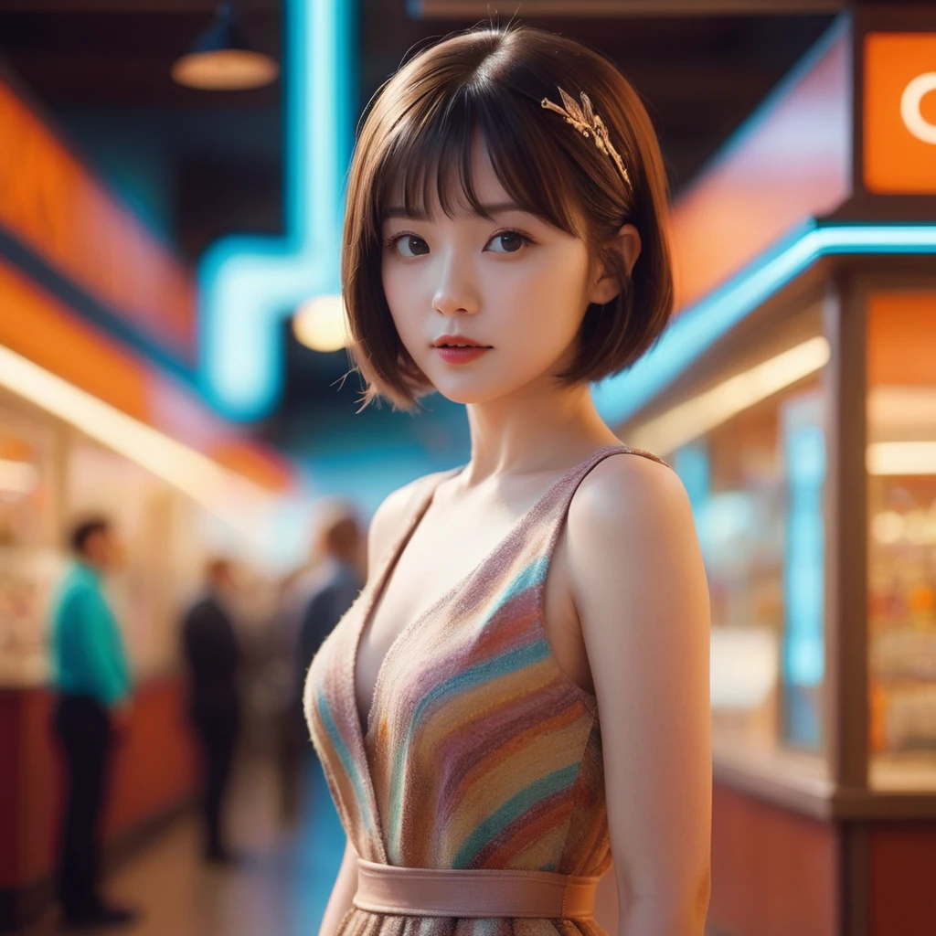 girl,fullbody, Unity Engine, surreal, Conversational small Atomic Age Female, background is [Glasgow|Dune], tilt shift, Cel shading, Light, Vivid Colors, K