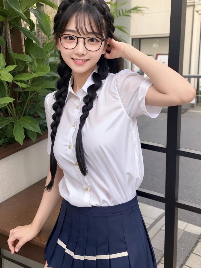 Highest quality、masterpiece、8k、Very detailed、Realistic、One girl、Looking at me with a smile、Black Hair、Braid、Small face、Slender、Big Breasts、Thin and beautiful legs、narrow and constricted waist,、Glasses、Young face、A tight-fitting short-sleeved white shirt with buttons and a collar、Short navy blue pleated skirt、Red ribbon on chest