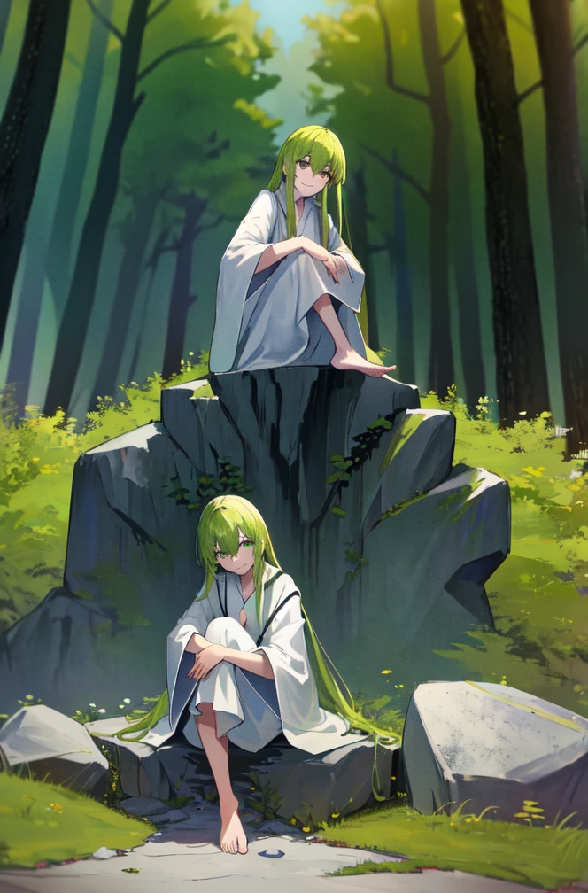 absurdres, masterpiece, best quality, highres, 1other enkidu, short white robe, barefoot, sitting on rock, hugging own knees, head tilt, smiling, BREAK, 1boy, Gilgamesh from Fate, standing, forest, nature, plant, 