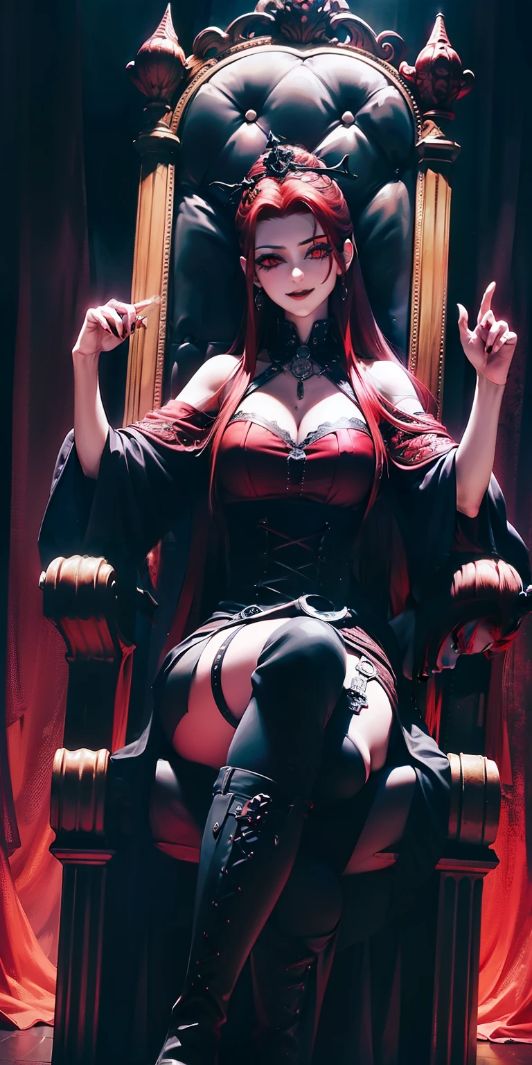 mulher gordinha linda rainha redheadwear, ((age 35 years)), ((red hair)), ((redheadwear)), ((in a black gothic dress)), ((a black crown)), ((sitting on a hellish gothic throne)), ((hellish gothic black throne)), royal gothic, queen of darkness, from front view, best qualityer , a frontal portrait, domineering look, sorriso sexy, in your gothic demon castle