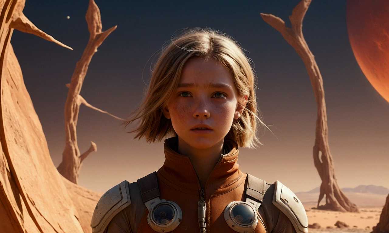 a girl on a barren, rocky planet, talking to human-like creatures with sunburnt skin