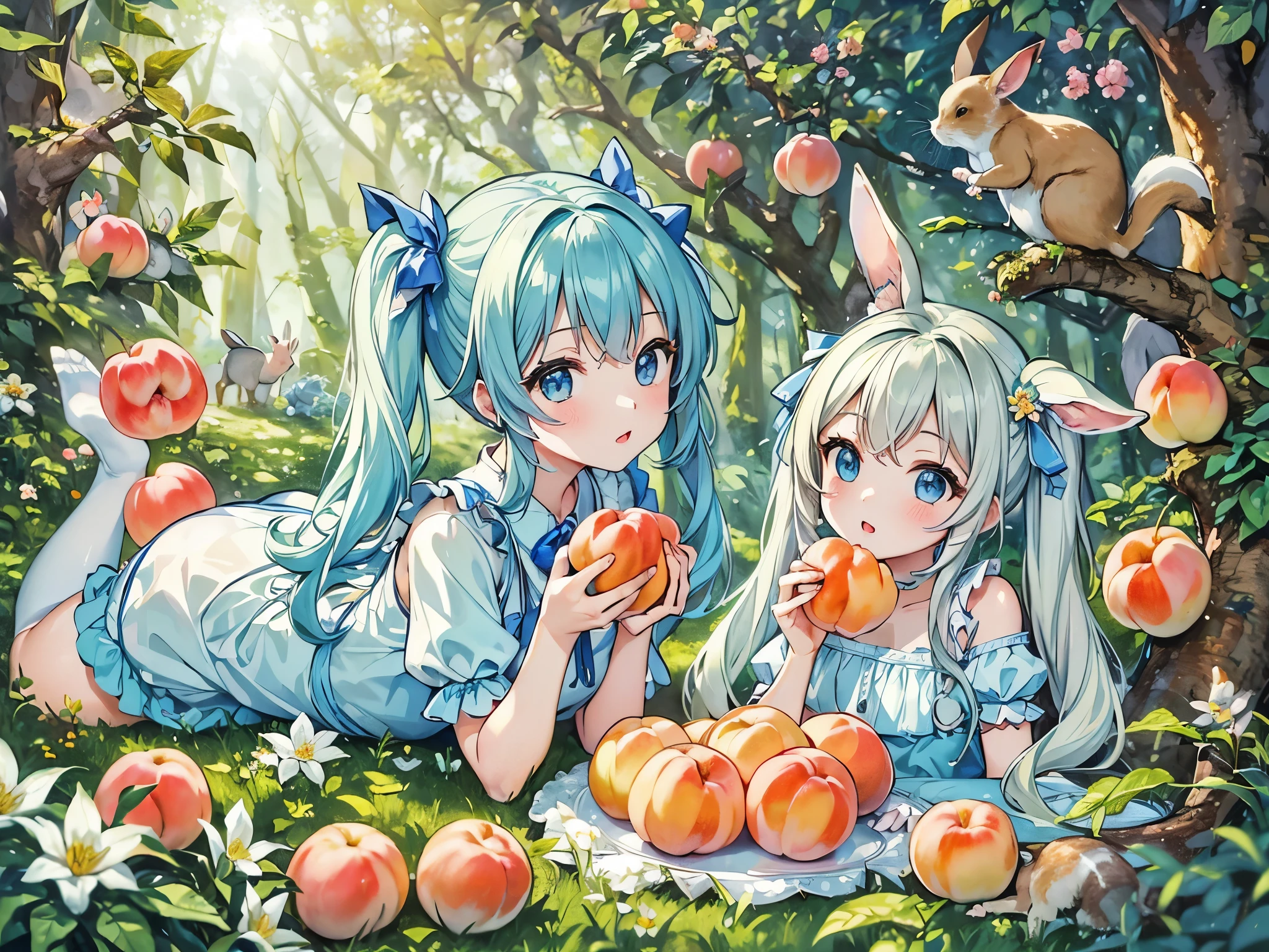 ((Highest quality)), ((masterpiece)), ((Ultra-detailed)), (Very delicate and beautiful), Light blue long hair、Beautiful girl with twin tails、Alice in Wonderland、Bright Forest、Sunlight filtering through the trees、A lot of peaches on a peach tree、Flowers at your feet々are blooming in abundance、The forest friends are watching the girl、Cute squirrels and rabbits also appear、Eating peaches with my forest friends