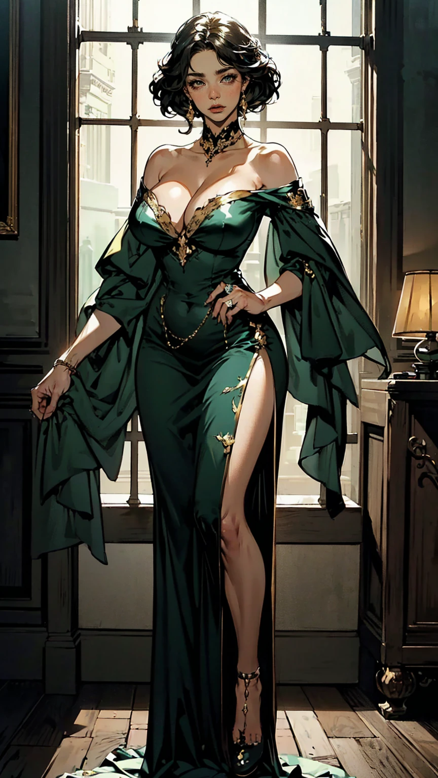 (ultra-detailed, photorealistic, best quality, 4k, highres, masterpiece:1.3), Elara, a skilled and loyal courtesan known for her resourcefulness and fierce loyalty to Madame Seraphina Valenforde, shoulder-length, wavy auburn hair, piercing blue eyes, strong yet graceful build, exuding both elegance and strength, elegant gown combining practicality with beauty, featuring dark green and gold accents, allowing for ease of movement, determined and focused expression, hint of warmth in her eyes, background elements of the House of Valenforde, rich decor, plush furnishings, highlighting her role within the establishment, overall scene reflects her resourcefulness, loyalty, and the duality of her strength and elegance, (intricate detail, super finely detailed hands, ultra finely detailed fingers, full body showcase, show full body).