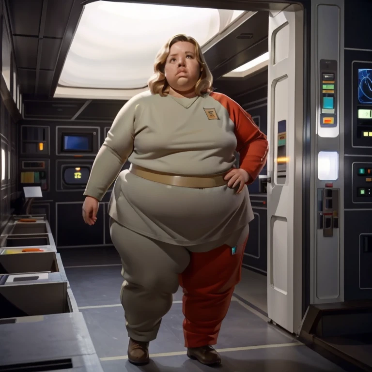 Fat woman on moon base corridor, blonde hair in s1999unf uniform,red left sleevecowboy shoot,artifical lights,diffuse illumination