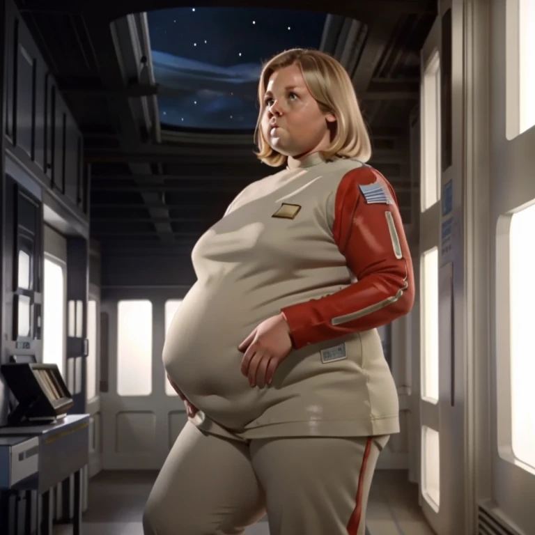 Fat woman on moon base corridor, blonde hair in s1999unf uniform,red left sleevecowboy shoot,artifical lights,diffuse illumination