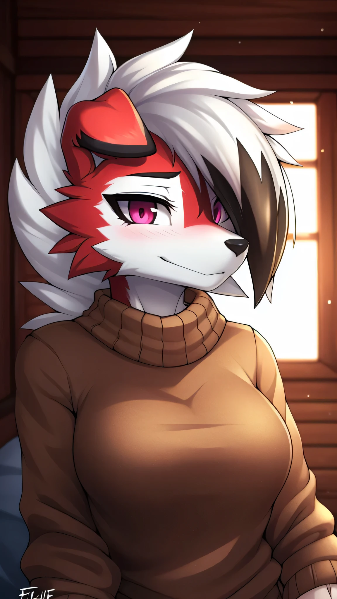 from Zinfew,отwistedscarlet60, uploaded to pixiv, from down-kevlar, (masterpiece), (Best quality), (Solo Woman:1.2), (extremely detailed:1.3),(detailed eye,black circle on the eye,Pink Eye), Lycanroc midnight, view in viewer, close view, Shy face, half body in portrait, only body and head, close view, Lycanrock close up photo, wear a brown sweater, inside the house, wooden house, open window, winter season,