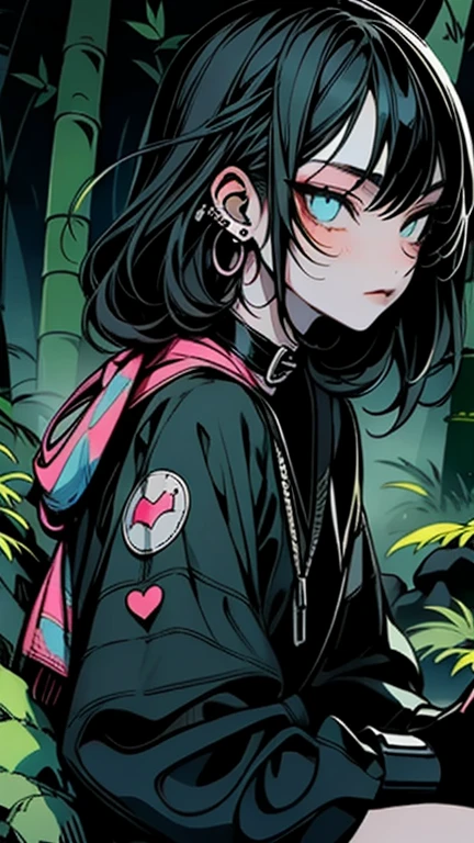 thin outlines, anime style, cool and edgy, fashionable, posing, colorful, confident, expression, accessory, coiled, around, stylish, striking, modern, fashion, An adolescent sitting on a rock in a bamboo forest, gazing at the full moon, calm movie scene, tranquil, dappled moonlight, detailed textures, misty air, ethereal atmosphere.