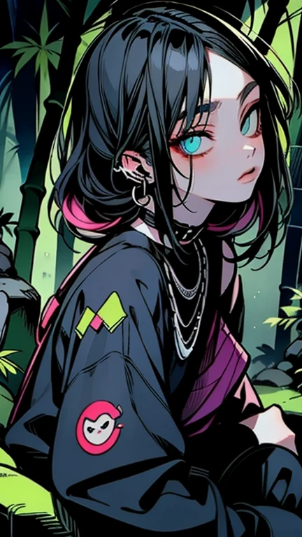 thin outlines, anime style, cool and edgy, fashionable, posing, colorful, confident, expression, accessory, coiled, around, stylish, striking, modern, fashion, An adolescent sitting on a rock in a bamboo forest, gazing at the full moon, calm movie scene, tranquil, dappled moonlight, detailed textures, misty air, ethereal atmosphere.