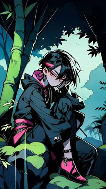 thin outlines, anime style, cool and edgy, fashionable, posing, colorful, confident, expression, accessory, coiled, around, stylish, striking, modern, fashion, An adolescent sitting on a rock in a bamboo forest, gazing at the full moon, calm movie scene, tranquil, dappled moonlight, detailed textures, misty air, ethereal atmosphere.