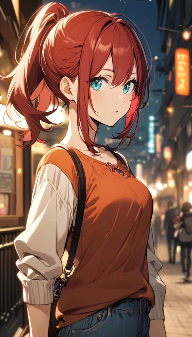 1girl,deep orangered ponytail hair,turquoise eyes,small breasts,casual