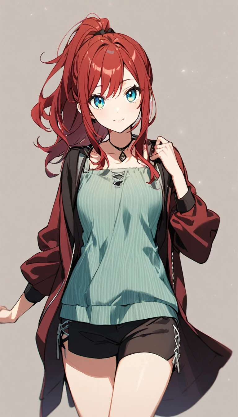 1girl,deep orangered ponytail hair,turquoise eyes,small breasts,casual