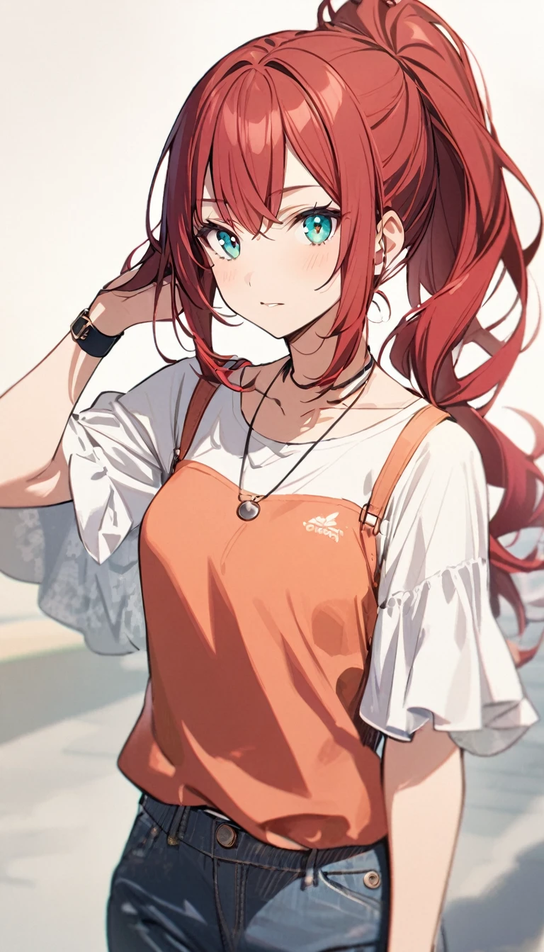 1girl,deep orangered ponytail hair,turquoise eyes,small breasts,casual