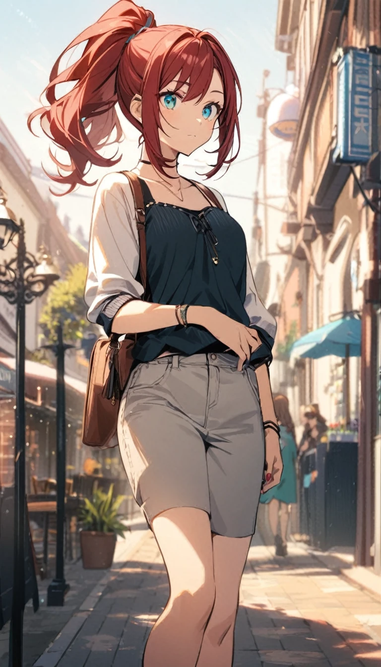 1girl,deep orangered ponytail hair,turquoise eyes,small breasts,casual