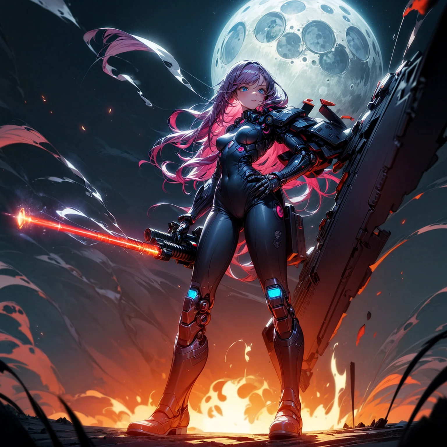 Ultra detailed, full background, Full body version, Grassroots, background in field, (solo, girl, cyborg, blue eyes, sad eyes, magenta color hair, long hair, pants, Boots), standing gesture, hand turns into a shotgun, low angle view, full body robotic, smoke effect, fire effect, lighting on shotgun, Red laser, largest robotic shotgun, moon, Moonlight, The whole body is fully robotic