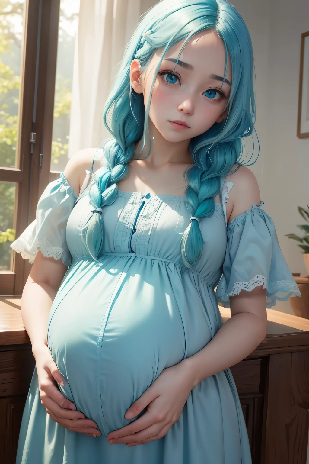 (Highest Resolution, clear_image), Highest quality, masterpiece, pregnancy,Light blue hair、Braid、Blue and Green Odd-Eye、