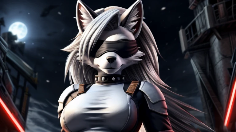 Loona from Helluva Boss, female white wolf, anthro, mature adult, short fluffy white hair, blindfold, white armored combat full bodysuit, standing, serious, extremely detailed, solo, beautiful, front view, high quality, 4K