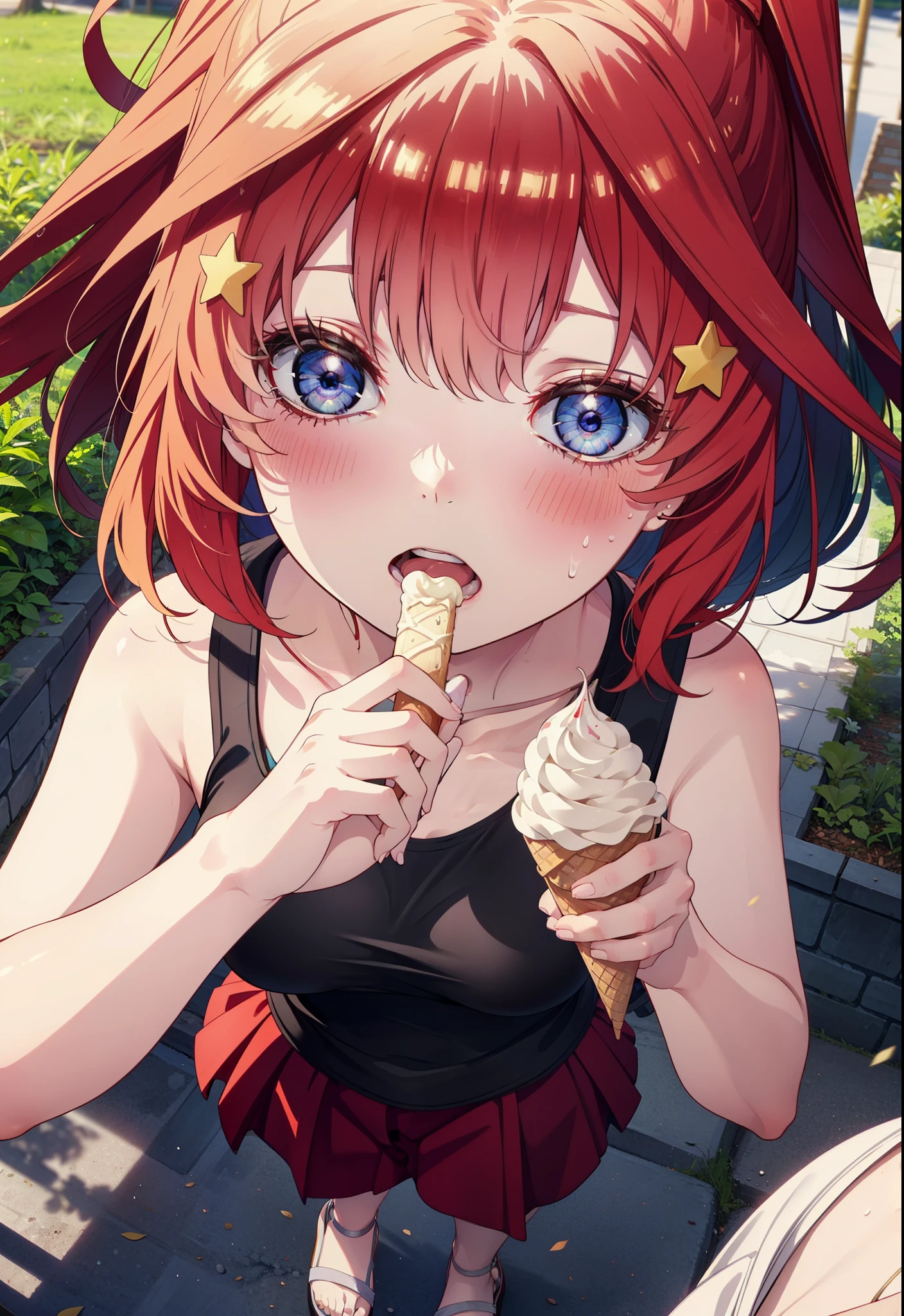 itsukinakano, Itsuki Nakano, bangs, blue eyes, Hair between the eyes, Ahoge, Redhead, star \(symbol\), hair ornaments, star hair ornaments,ハイビスカスのhair ornaments,Red Tank Top,Long skirt,Heeled Sandals,Walking,smile,blush,Open your mouth,Eating ice cream,Holding ice cream in one hand,whole bodyがイラストに入るように,Palm tree,True Summer,Clear skies,
break outdoors,Building district,tropical,
break looking at viewer,whole body ,
break (masterpiece:1.2), Highest quality, High resolution, unity 8k wallpaper, (figure:0.8), (Beautiful attention to detail:1.6), Highly detailed face, Perfect lighting, Highly detailed CG, (Perfect hands, Perfect Anatomy),