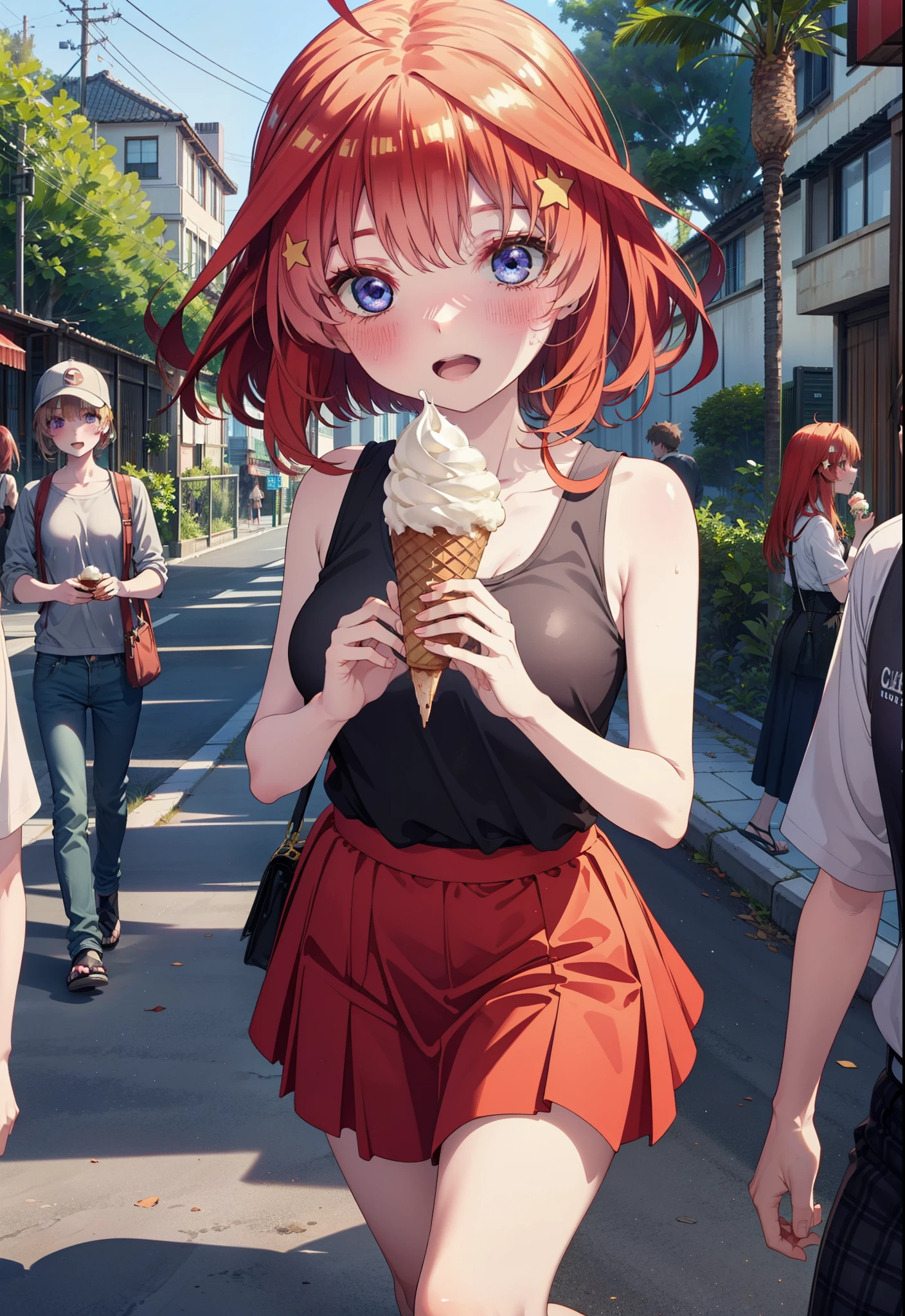 itsukinakano, Itsuki Nakano, bangs, blue eyes, Hair between the eyes, Ahoge, Redhead, star \(symbol\), hair ornaments, star hair ornaments,ハイビスカスのhair ornaments,Red Tank Top,Long skirt,Heeled Sandals,Walking,smile,blush,Open your mouth,Eating ice cream,Holding ice cream in one hand,whole bodyがイラストに入るように,Palm tree,True Summer,Clear skies,
break outdoors,Building district,tropical,
break looking at viewer,whole body ,
break (masterpiece:1.2), Highest quality, High resolution, unity 8k wallpaper, (figure:0.8), (Beautiful attention to detail:1.6), Highly detailed face, Perfect lighting, Highly detailed CG, (Perfect hands, Perfect Anatomy),