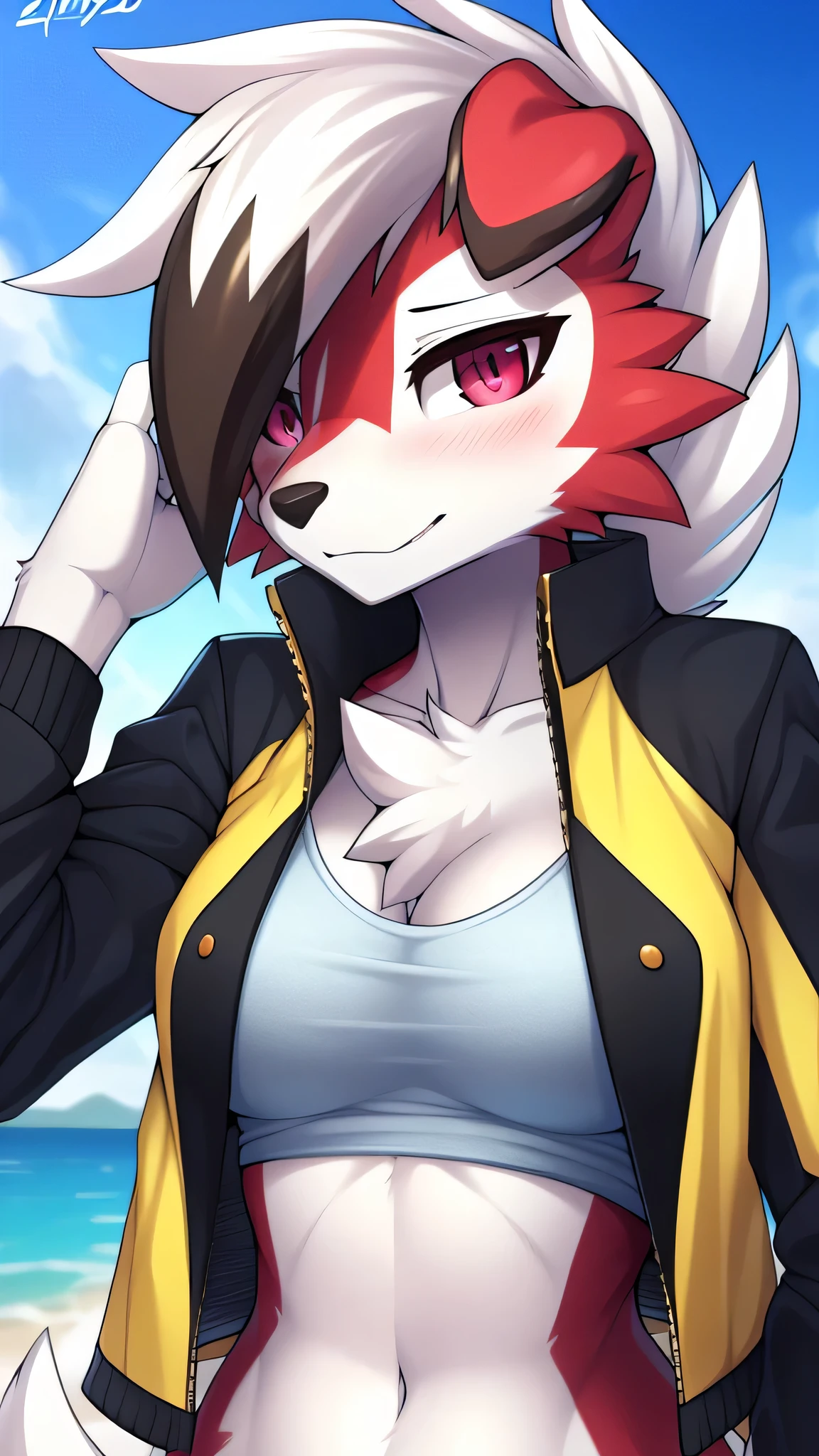 from Zinfew,отwistedscarlet60, uploaded to pixiv, from down-kevlar, (masterpiece), (Best quality), (Solo Woman:1.2), (extremely detailed:1.3),(detailed eye,black circle on the eye,Pink Eye), Lycanroc midnight, view in viewer, close view, Shy face, half body in portrait, only body and head, close view, Lycanrock close up photo, Wearing a Women's Shirt with a V-Neck Crop Top, white T-shirt, fashionable Korean women's T-shirt with a tight-fitting open jacket in gray,