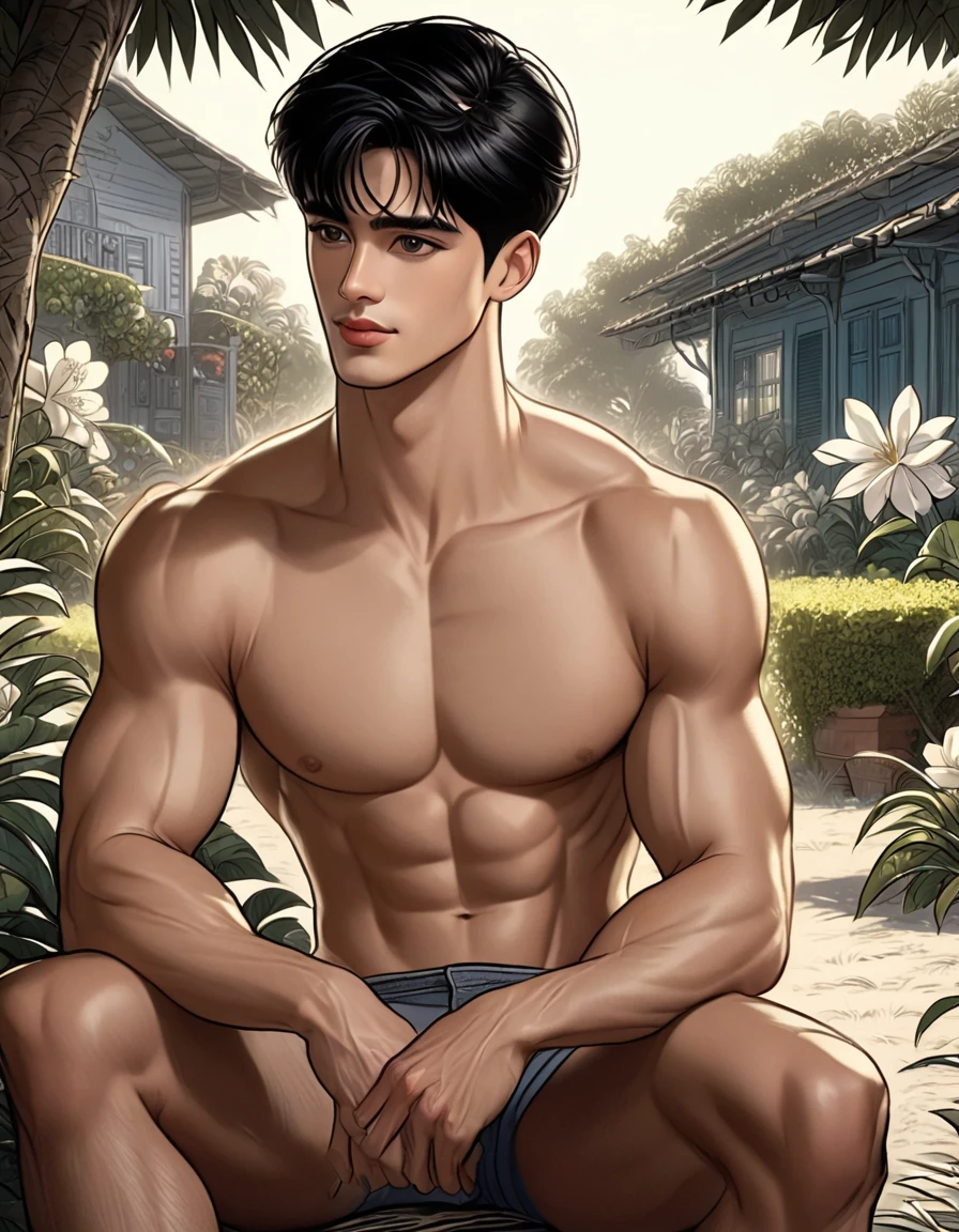  In leng jun art style ((front view )) fullbody, 1man, shirtless, barefoot sitting on the ground fullbody,  A handsome  young man  with cap, seen from back view, turning his head, blue eyes, black hair, roman nose, square chin, full lips, happy gaze,  looking to viewer, painting style, masterpiece, ultra details, best quality, wearing old  south luisiana farm clothes, he is sitting on the ground, in the background cotton fields and plantation fancy house, An fullbody portrait, view from behind |ultradetailed color pensil drawing, ((low angle view, storbe lighting,becoming the subject composition )) fullbody, A 47 years old man, latino, cinnamon skin, thin face, straight nose, thin lips, square chin, large black eyes, short black, wavy hair, in roberto ferri style, aesthetic slim athletic body, very tall, latino, realistic skin, gorgeous, realistic detailed tonned muscles, barefoot, perfect anatomy, muscled fitness body, 195cm tall, realistic skin, skinny realistic detailed muscles, ((detailed feet), detailed hands, detailed face, He is naked , standing in the background ultradetailed intricated garden with trees with white flowers (masterpiece, top quality, best quality, official art, beautiful and aesthetic:1.2), (1naked man:1.4), portrait, extreme detailed, highest detailed, simple background, 16k, high resolution, perfect dynamic composition, bokeh, (sharp focus:1.2), super wide angle, high angle, high color contrast, medium shot, depth of field, blurry background,potma Still,DonMn1ghtm4reXL,ink ,style, UHD, 8K, intricate, highly detailed, perfect volumetric light, epic light, urban art masterpiece, charcoal drawing, intense colors, vibrant colors, chromatic aberration, vintage style, abstract, ((down body)), vintage_p_style, sensual, mysterious, powerful aura,vintage_p_style,GLOWIN
