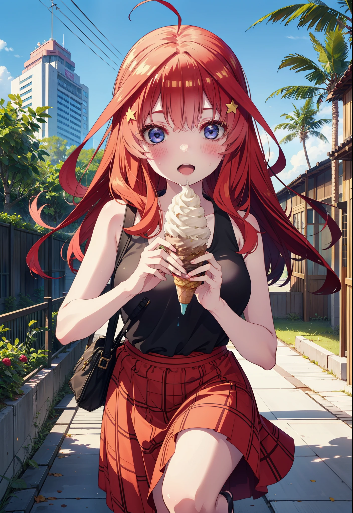 itsukinakano, Itsuki Nakano, bangs, blue eyes, Hair between the eyes, Ahoge, Redhead, star \(symbol\), hair ornaments, star hair ornaments,ハイビスカスのhair ornaments,Red Tank Top,Long skirt,Heeled Sandals,Walking,smile,blush,Open your mouth,Eating ice cream,Holding ice cream in one hand,whole bodyがイラストに入るように,Palm tree,True Summer,Clear skies,
break outdoors,Building district,tropical,
break looking at viewer,whole body ,
break (masterpiece:1.2), Highest quality, High resolution, unity 8k wallpaper, (figure:0.8), (Beautiful attention to detail:1.6), Highly detailed face, Perfect lighting, Highly detailed CG, (Perfect hands, Perfect Anatomy),