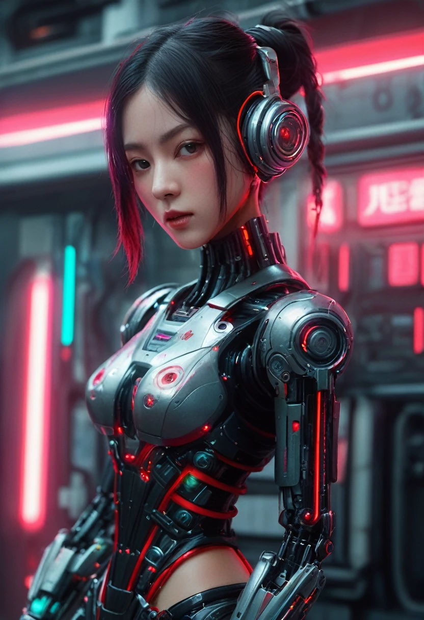 xxmixgirl. Highly detailed professional 35mm film, bokeh, face in sharp focus. A robotic female, Miku, with ((metal skin)), ((perfect Asian eyes)) with magenta irises and ((black pupils)), beautiful serious (detailed face), 18 year old ((photorealistic face)), very long magenta twin tails of magenta hair, twin black hair ties with a single red stripe. She may have a black audio headpiece. We can see her ((full body)) down to her boot soles. Her outfit is a sleeveless collared light grey shirt, outlined in red around the frilled collar and hems. Shiny reflective ((metallic breast cups, dimpleless)), invisible nipples. She wears black sleeves with red hems that start around her upper arm and bellow out as the sleeves open and extend to her wrists, with wide trumpet red rimmed cuffs. She has perfect robotic (detailed hands). She wears a red colored tie with two horizontal solid parallel black lines halfway across. She wears a fabric black skirt with a horizontal red hem at the bottom all the way around; her (((black skirt wraps around her))) and ((her skirt completely covers)) her robotic waist and thighs. Tall black boots with red bottom soles, a red rim around the top at her thighs. Her mechanical shoulder joints are visible. We can see her robotic legs and robotic neck. Half of her is covered with shiny polished machinery. The background is a distant dark neon futuristic Japanese city, gold, cyan, violet neon, near harbor or mountains.