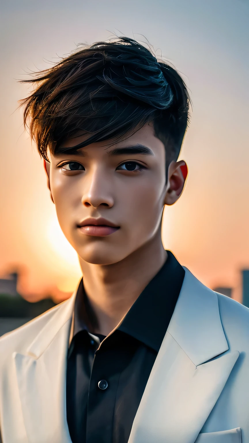 Highest quality, masterpiece, Ultra-high resolution, (Realistic: 1.4), Original photo, wallpaper, Head Photo, skin, Simple Background, Iris, detailed, Selfie, 1 boy, 18-year-old, good looking, Wind,suit、Sunset