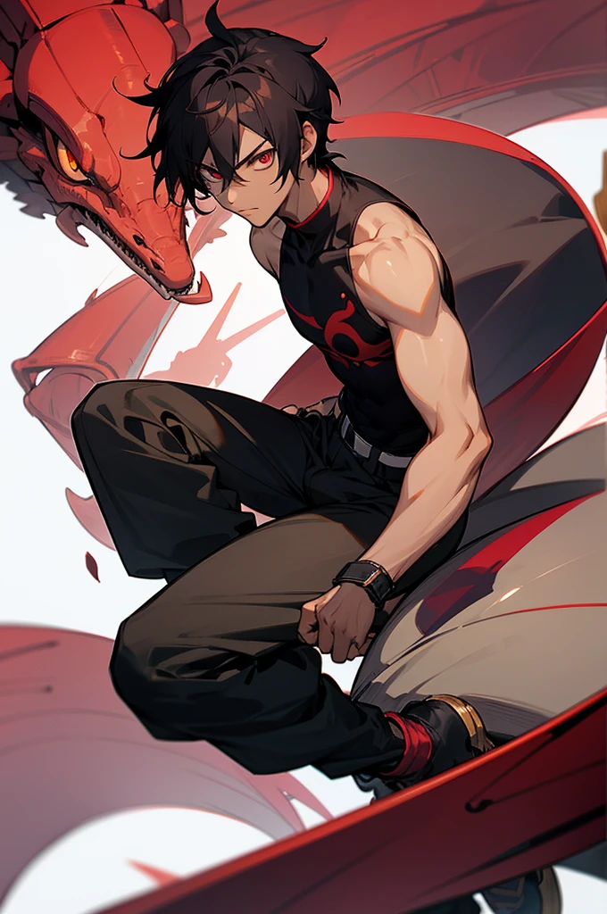 Anime, anime 2D, anime style, male, male chatacter, dark skin, masculine dark skin, fullbody, eyes, 2D realist eyes, detailed eyes, minimalist eyes, serious eye, white sclera, red wine eyes, black pupil, hair, short hair, short ponytail hair, red wine hair, mescle, shirt, black shirt, compression shirt tank top, high collar shirt, pants, long pants, shoes, bots, black bots, black male long bots, lance weapon, dragon symbol, golden lance weapon