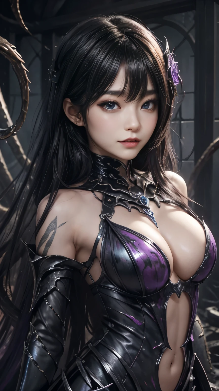 Esoteric arachnids lady, Spider Queen Elise, League of Legends, Esoteric arachnids, Combat Stance, ( body formed from metallic mauveine and metallic black liquid metallic paint twisting into a beautiful interpretation of the female figure), length, Sharp fangs, nature, ((Complex metallic colors in the foreground)), (( Fluid Mechanics, The most beautiful smooth scale face makeup, Smirking expression)) - Dark blood, Onyxia、 painting of a beautiful young witch, length purple hair, dark purple lips, evil, evil female, smile, Black Prom Dress, She is coming to you, close, Bright Blue Eyes, Surrounded by swirling pink smoke, Genuine, High detail, Highest quality、A beastly demon wields a vicious Blade, Blood Chain, Behemoth Bones, Snake-like tentacles, Cruel Teeth, Expressions of madness, Oppressive Dungeon. 8K Vision Reveals Fear, Ultra HD detail makes monsters stand out, Grotesque shadows dance, The creature whispers, Stifling atmosphere, Vision problems, Visible Madness. Blade, A flash of evil intent shines, reflect (Light) Beyond the Darkness, Elucidate (Sharp details) and、Add a dizzying dimension to the impending chaos.