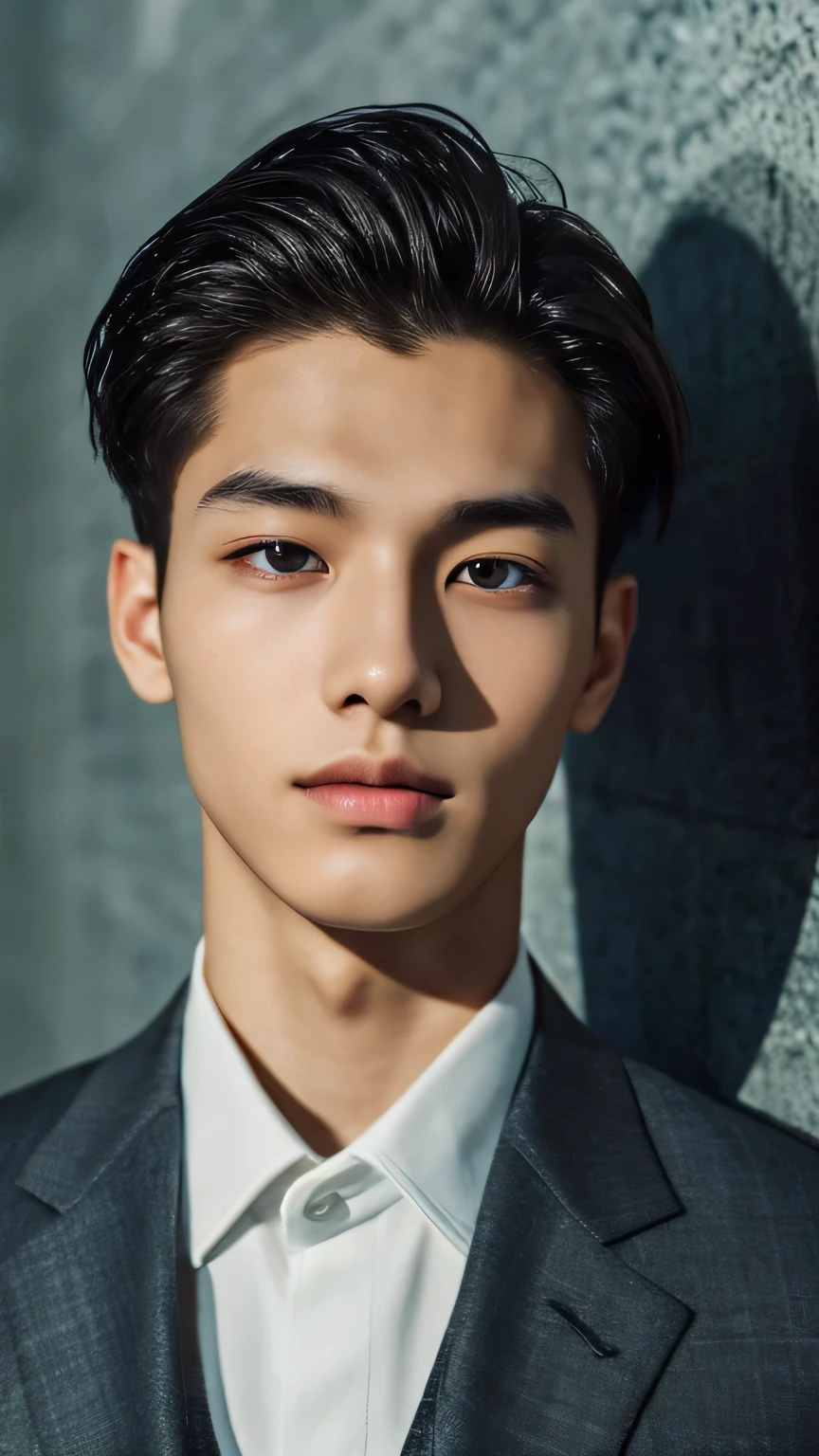 Highest quality, masterpiece, Ultra-high resolution, (Realistic: 1.4), Original photo, wallpaper, Head Photo, skin, Simple Background, Iris, detailed, Selfie, 1 boy, 18-year-old, good looking, Wind,night、suit