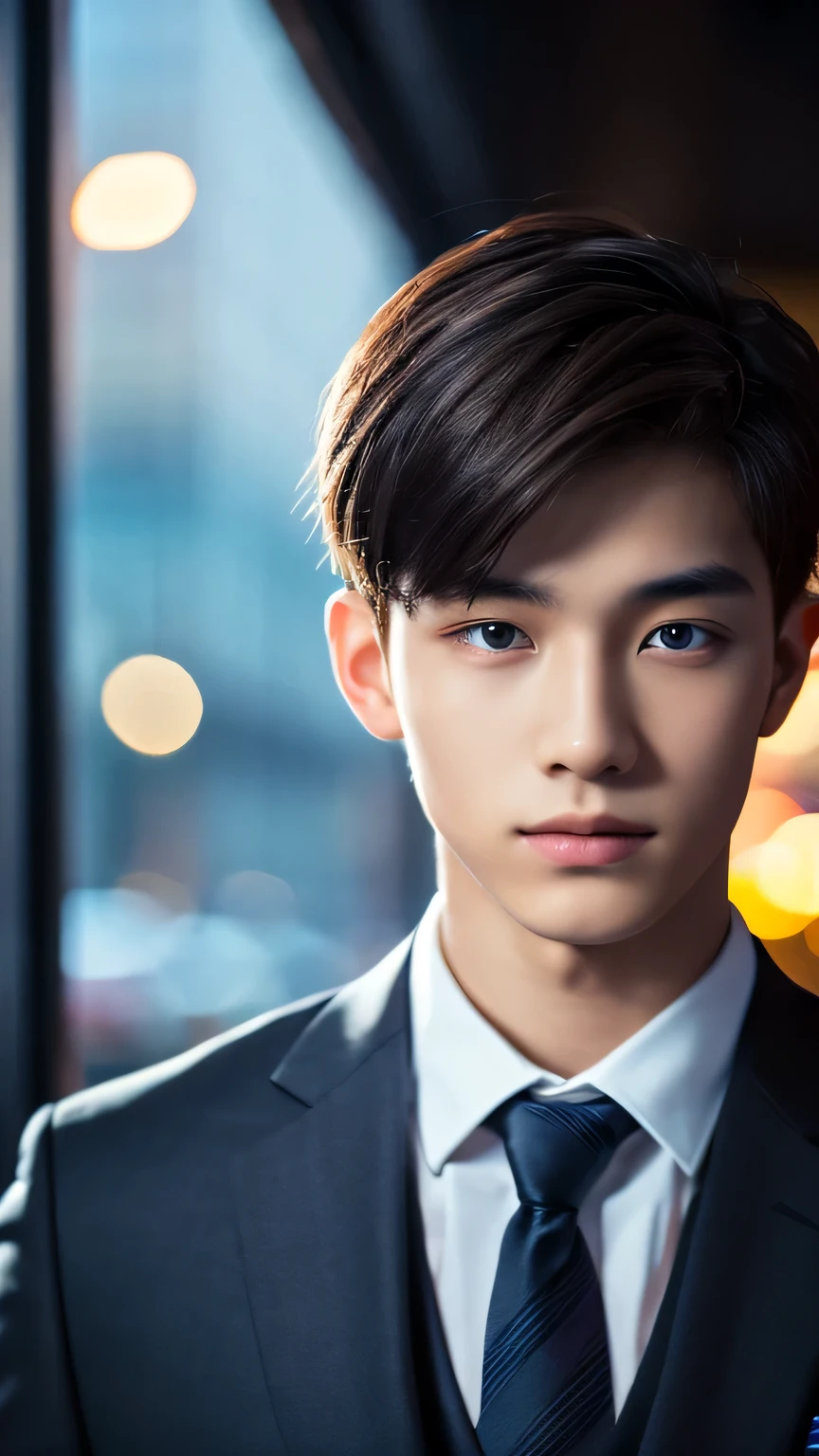 Highest quality, masterpiece, Ultra-high resolution, (Realistic: 1.4), Original photo, wallpaper, Head Photo, skin, Simple Background, Iris, detailed, Selfie, 1 boy, 18-year-old, good looking, Wind,night、suit
