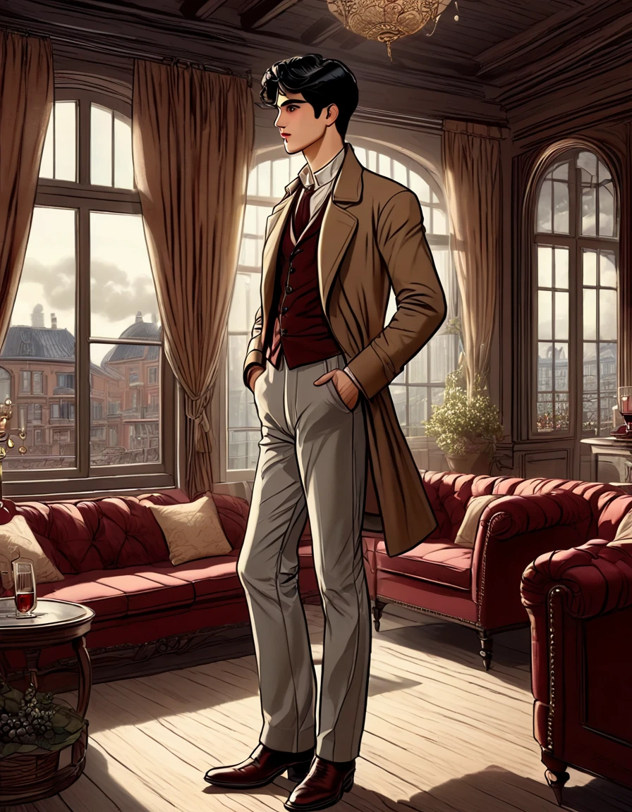 1800´s old luisiana atmosphere fullbody,  A handsome  young man  with cap, wearing brown ridding boots, light brown pants, white shirt , detailed feet,  view aside , latino, black eyes, black hair,  straigh nose, oval chin, thin lips, nostalgic gaze,  looking to viewer, painting style, masterpiece, ultra details, best quality,  he is  holding a glass of red wine , standing  by the window to see a stormy day droops on the window glases,  background  ultradetailed elegant old luisiana  deco  living room