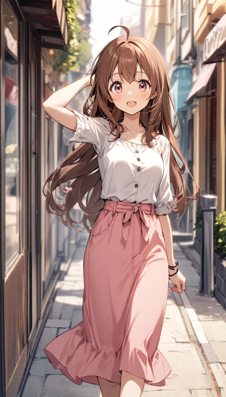 1girl,brown hair,medium_long hair,ahoge,pinkred eyes,tareme,medium breasts,casual
