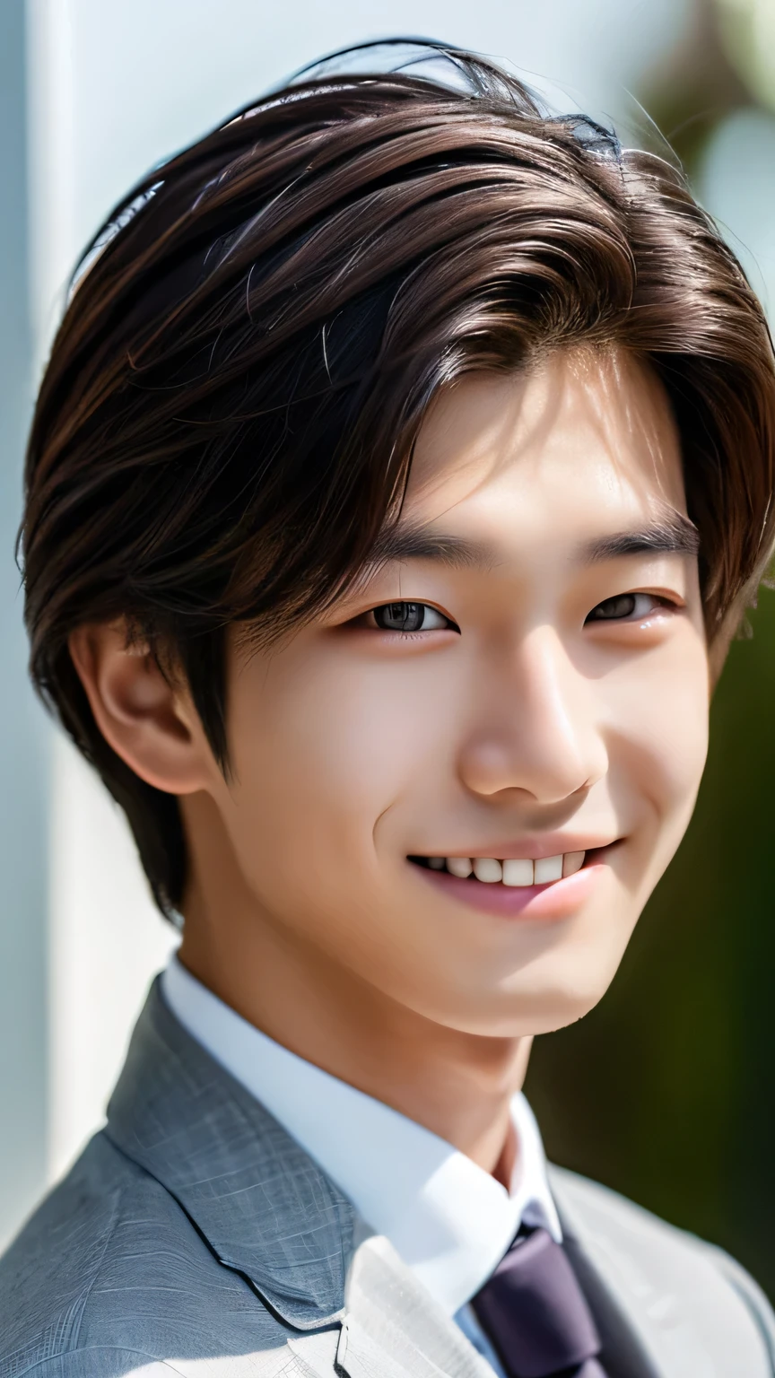 Highest quality, masterpiece, Ultra-high resolution, (Realistic: 1.4), Original photo, wallpaper, Head Photo, skin, Simple Background, Iris, detailed, Selfie, 1 boy, 18-year-old, good looking, Wind,Asahi、suit、smile