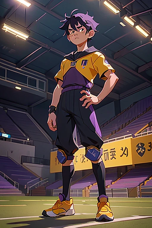 (Masterpiece, Best Quality),1boy,male character,male face,tall,cowboy shot,(black eyes),black sclera,purple hair,short hair,(hair antennas),yellow football outfit,((standing in a school stadium)),serious face