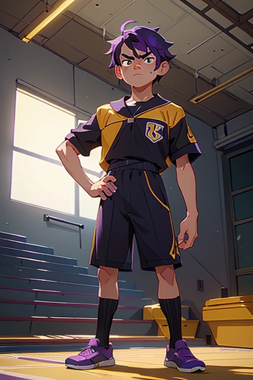 (Masterpiece, Best Quality),1boy,male character,male face,tall,cowboy shot,(black eyes),black sclera,purple hair,short hair,(hair antennas),yellow football outfit,((standing in a school stadium)),serious face