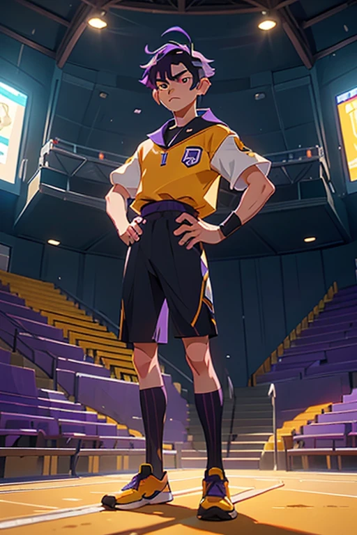 (Masterpiece, Best Quality),1boy,male character,male face,tall,cowboy shot,(black eyes),black sclera,purple hair,short hair,(hair antennas),yellow football outfit,((standing in a school stadium)),serious face