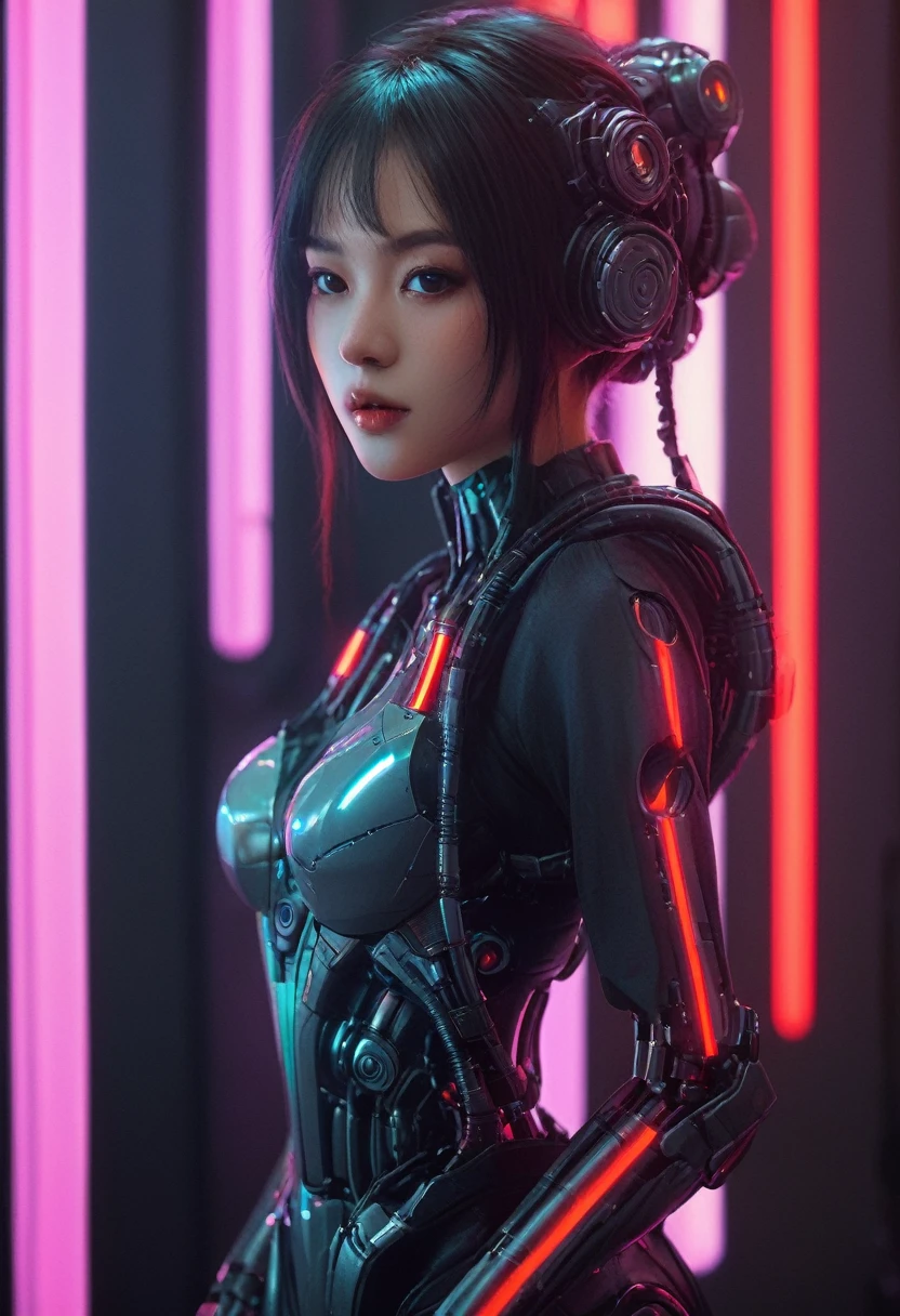 xxmixgirl. Highly detailed professional 35mm film, bokeh, face in sharp focus. A robotic female, Miku, with ((metal skin)), ((perfect Asian eyes)) with magenta irises and ((black pupils)), beautiful serious (detailed face), 18 year old ((photorealistic face)), very long magenta twin tails of magenta hair, twin black hair ties with a single red stripe. She may have a black audio headpiece. We can see her ((full body)) down to her boot soles. Her outfit is a sleeveless collared light grey shirt, outlined in red around the frilled collar and hems. Shiny reflective ((metallic breast cups, dimpleless)), invisible nipples. She wears black sleeves with red hems that start around her upper arm and bellow out as the sleeves open and extend to her wrists, with wide trumpet red rimmed cuffs. She has perfect robotic (detailed hands). She wears a red colored tie with two horizontal solid parallel black lines halfway across. She wears a fabric black skirt with a horizontal red hem at the bottom all the way around; her (((black skirt wraps around her))) and ((her skirt completely covers)) her robotic waist and thighs. Tall black boots with red bottom soles, a red rim around the top at her thighs. Her mechanical shoulder joints are visible. We can see her robotic legs and robotic neck. Half of her is covered with shiny polished machinery. The background is a distant dark neon futuristic Japanese city, gold, cyan, violet neon, near harbor or mountains.