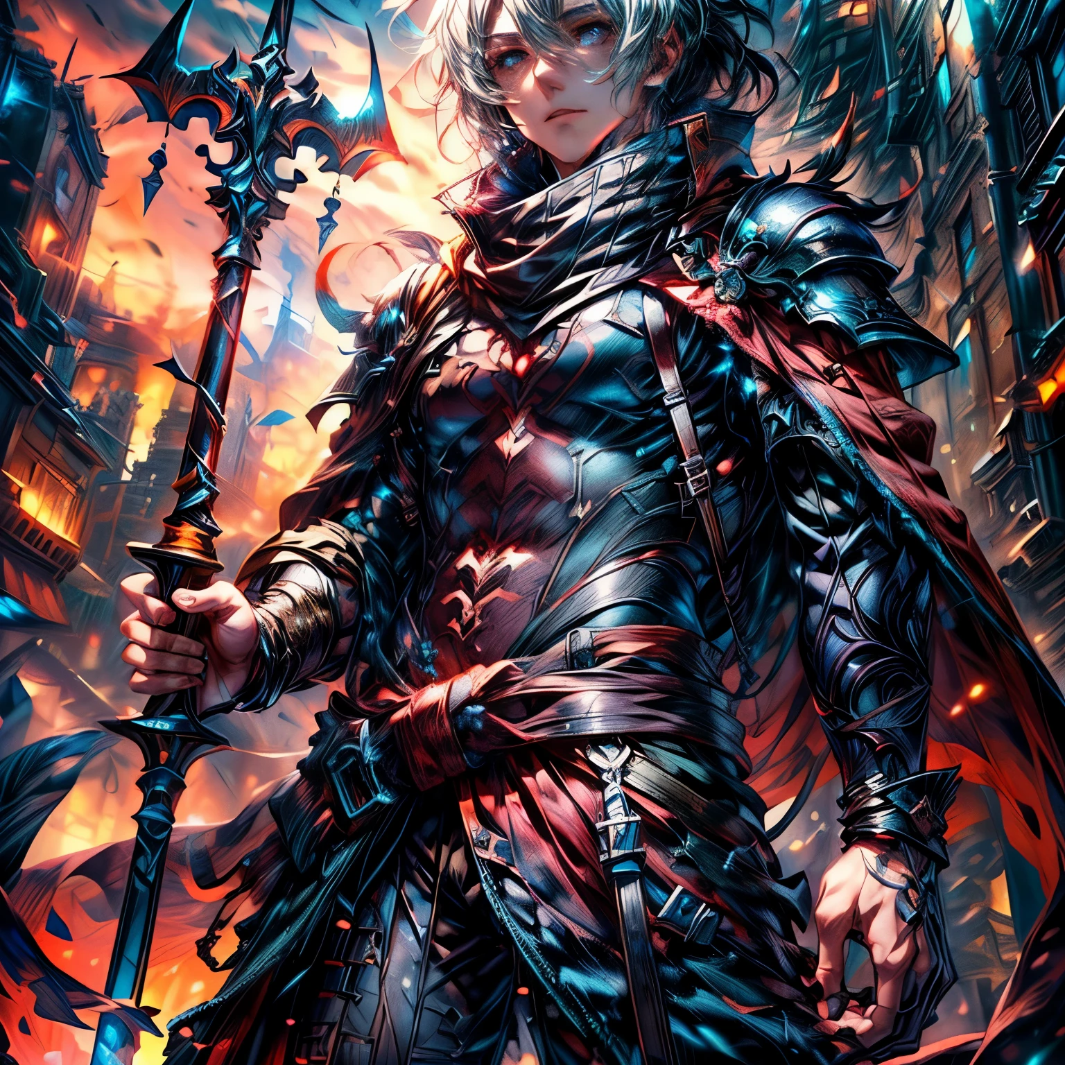 anime character, white hair and a trident in a city, badass anime, shadowverse style, from arknights, genshin, keqing from genshin impact, skinny male fantasy alchemist, trending on artstation pixiv, best anime, konachan wallpaper, detailed key anime art, arknights, handsome guy in demon slayer art.(Male: 1.5),Extremely detaild, intricate, 8K, HDR, naturallight, cinematic lighting, masterpiece-anatomy-perfect, ultra HD, Unreal Engine, RAW photo, metallic, professional, ultra-fine painting, perfect body proportions, anatomically correct, uhd, real texture material, Anti-Aliasing, FKAA, TXAA, RTX, SSAO, Post Processing, Post Production, Tone Mapping, CGI, VFX, SFX, Hyper maximalist, Volumetric, ultra photorealultra-detailed intricate details.