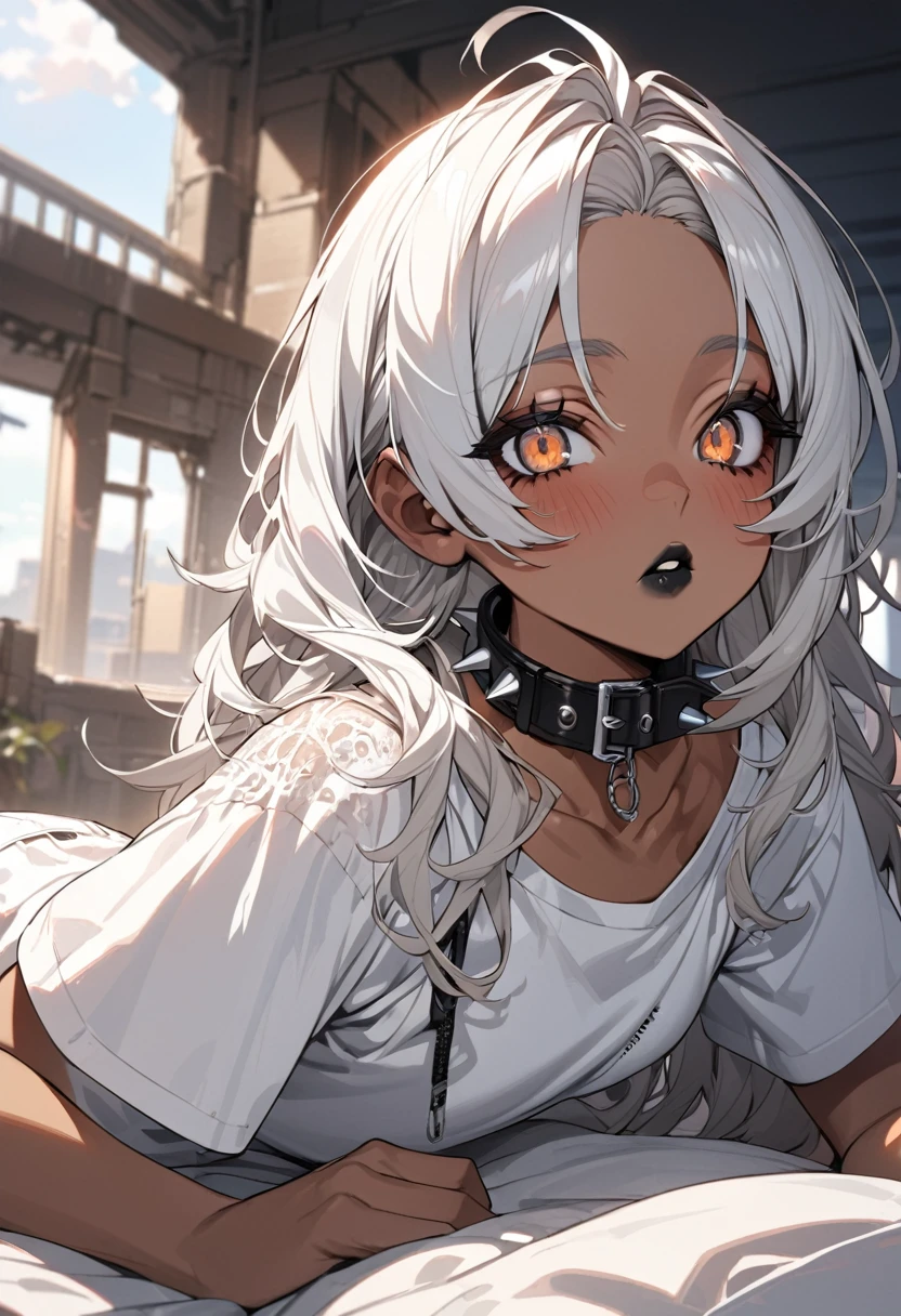anime girl, white hair, brown skin, black lips, white shorts, white top shirt, brown eyes, collar on the neck with spikes,detailed eyes, ultra detailed, high quality, teenager,