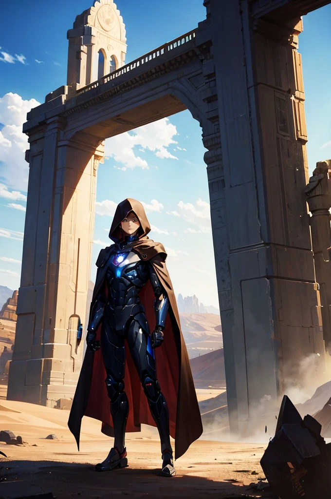 masterpiece, fullbody, anime, android, boy, cyborg, robotic, (brown cloak), desert