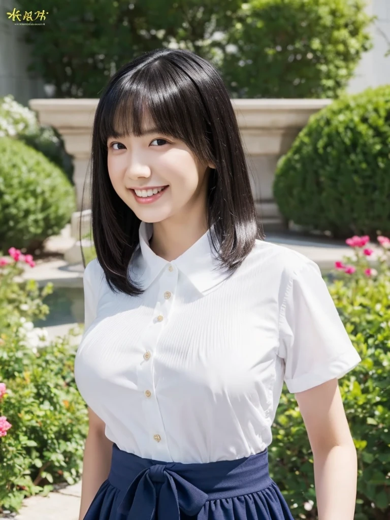 Highest quality、masterpiece、8k、Very detailed、Realistic、One girl、Looking at me with a smile、Black Hair、Short Hair、Small face、Slender、(Big Breasts:1.5)、Thin and beautiful legs、narrow and constricted waist,、Young face、A tight-fitting short-sleeved white shirt with buttons and a collar、Short navy blue pleated skirt、Red ribbon on chest