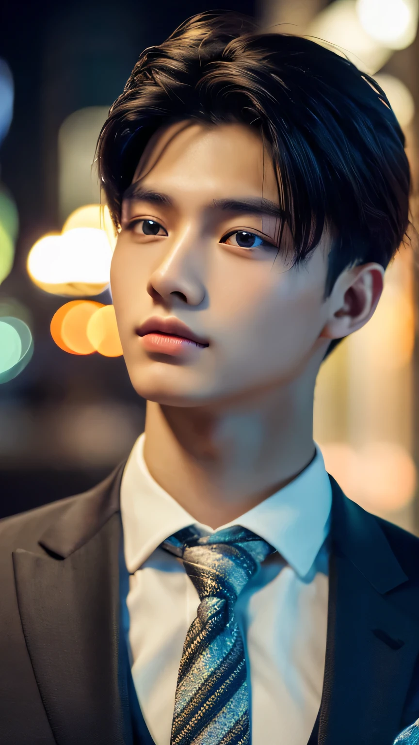 Highest quality, masterpiece, Ultra-high resolution, (Realistic: 1.4), Original photo, wallpaper, Head Photo, skin, Simple Background, Iris, detailed, Selfie, 1 boy, 18-year-old, good looking, Wind,night、suit